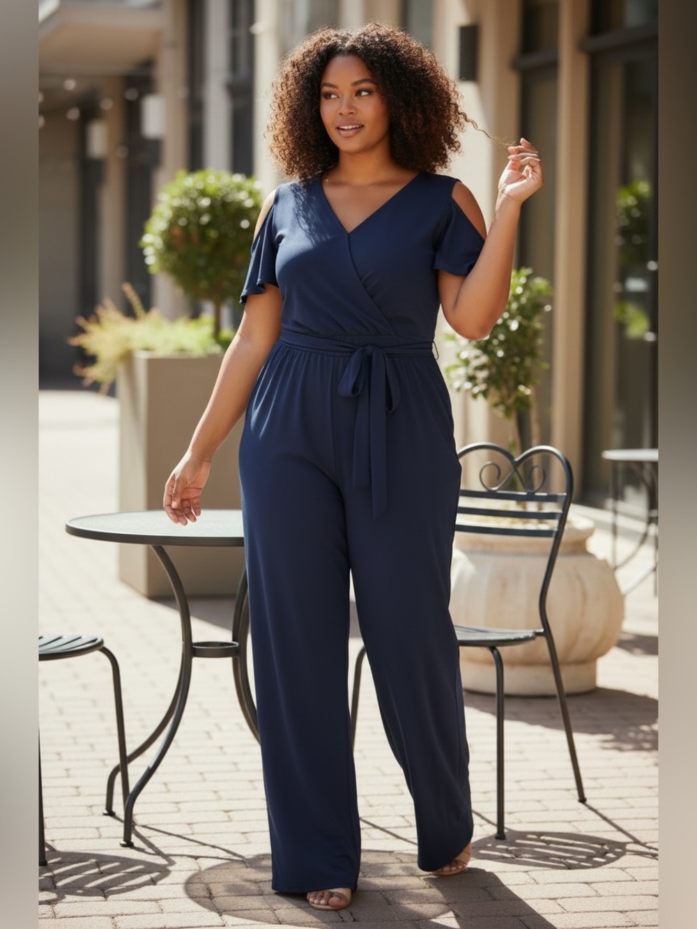 Lane Bryant Navy Cold-Shoulder Wrap Jumpsuit with Tie Waist